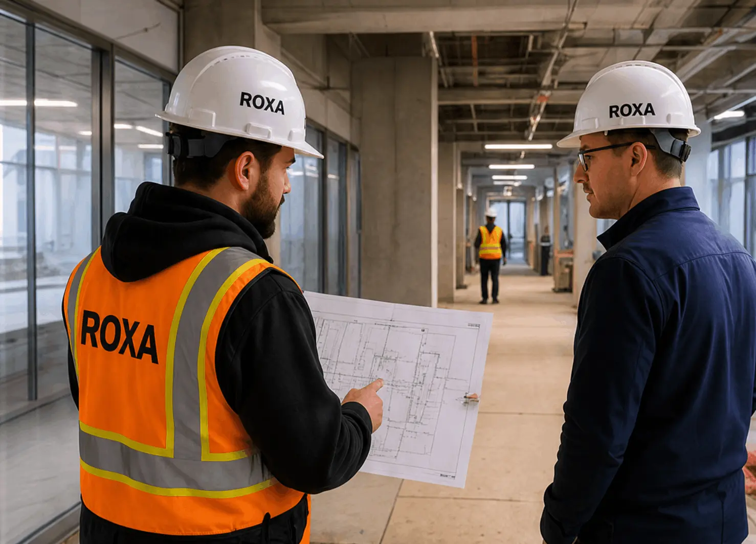 Roxa team reviewing commercial demolition plans inside an active project site