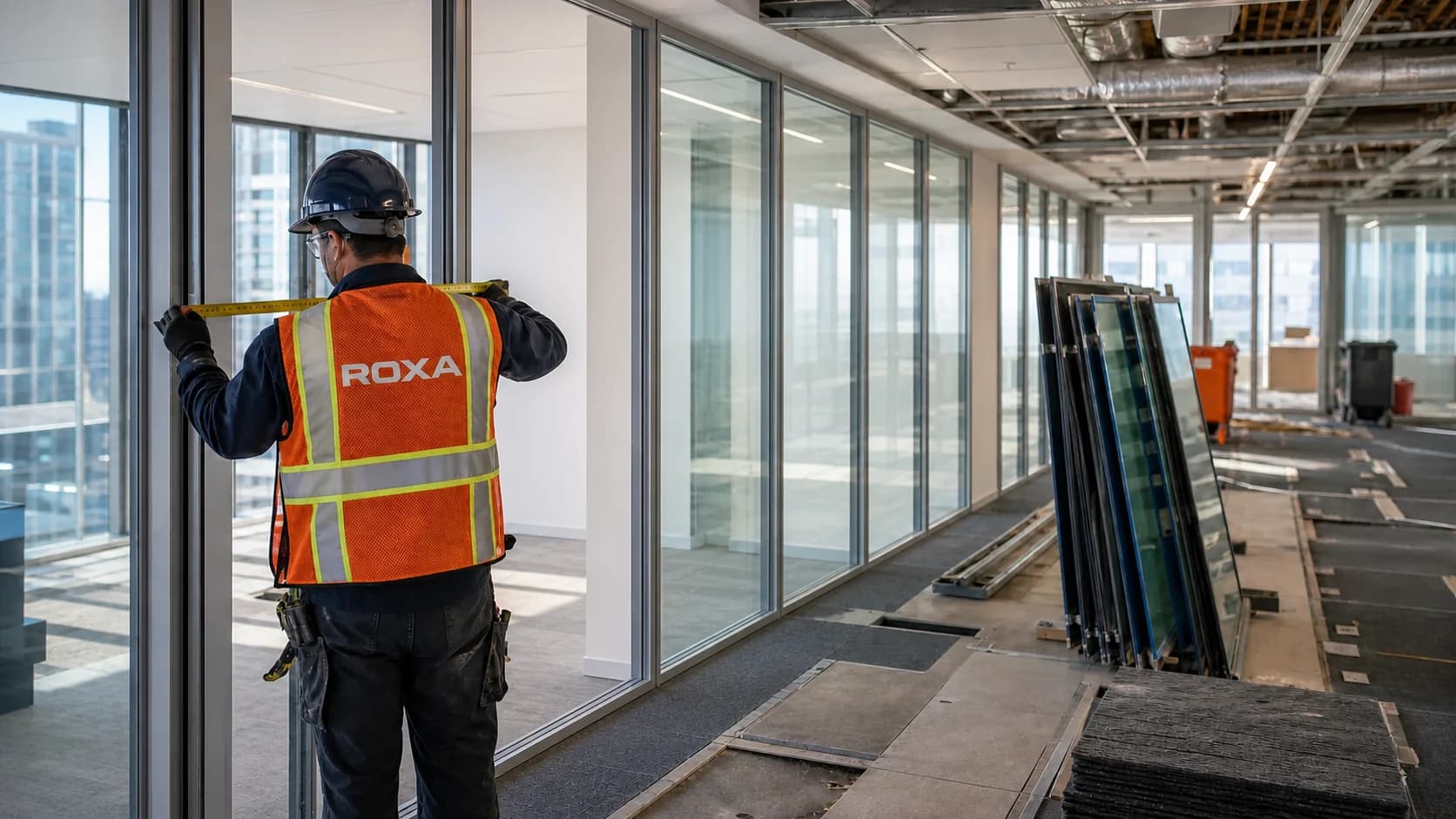 ROXA worker measuring an interior glazed office partition during a controlled strip-out