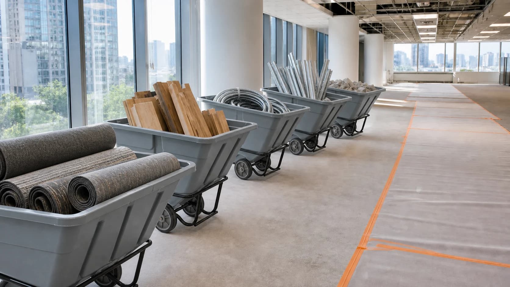 Five wheeled tilt trucks separating carpet, wood, BX cable, steel studs and concrete on a protected commercial site