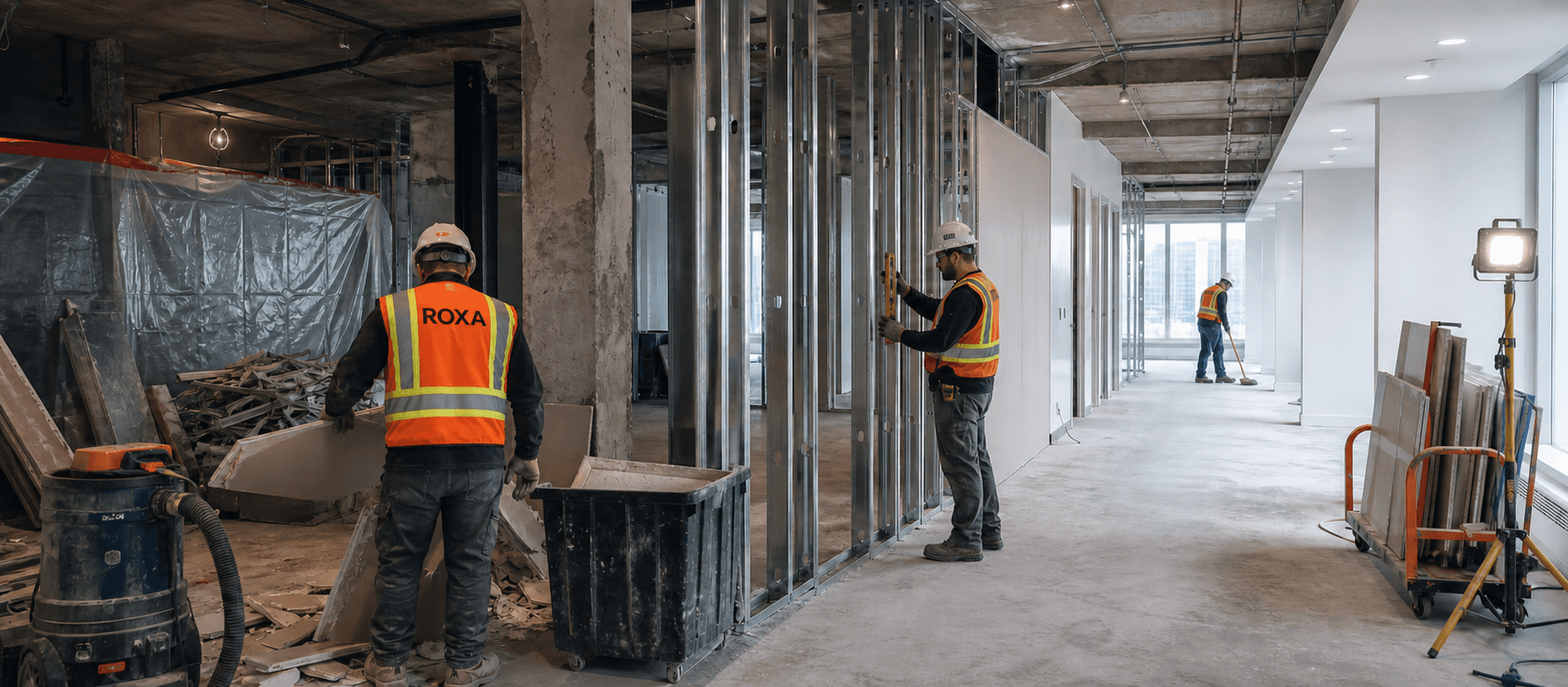 ROXA crews working across demolition, metal framing and final cleaning in one commercial interior