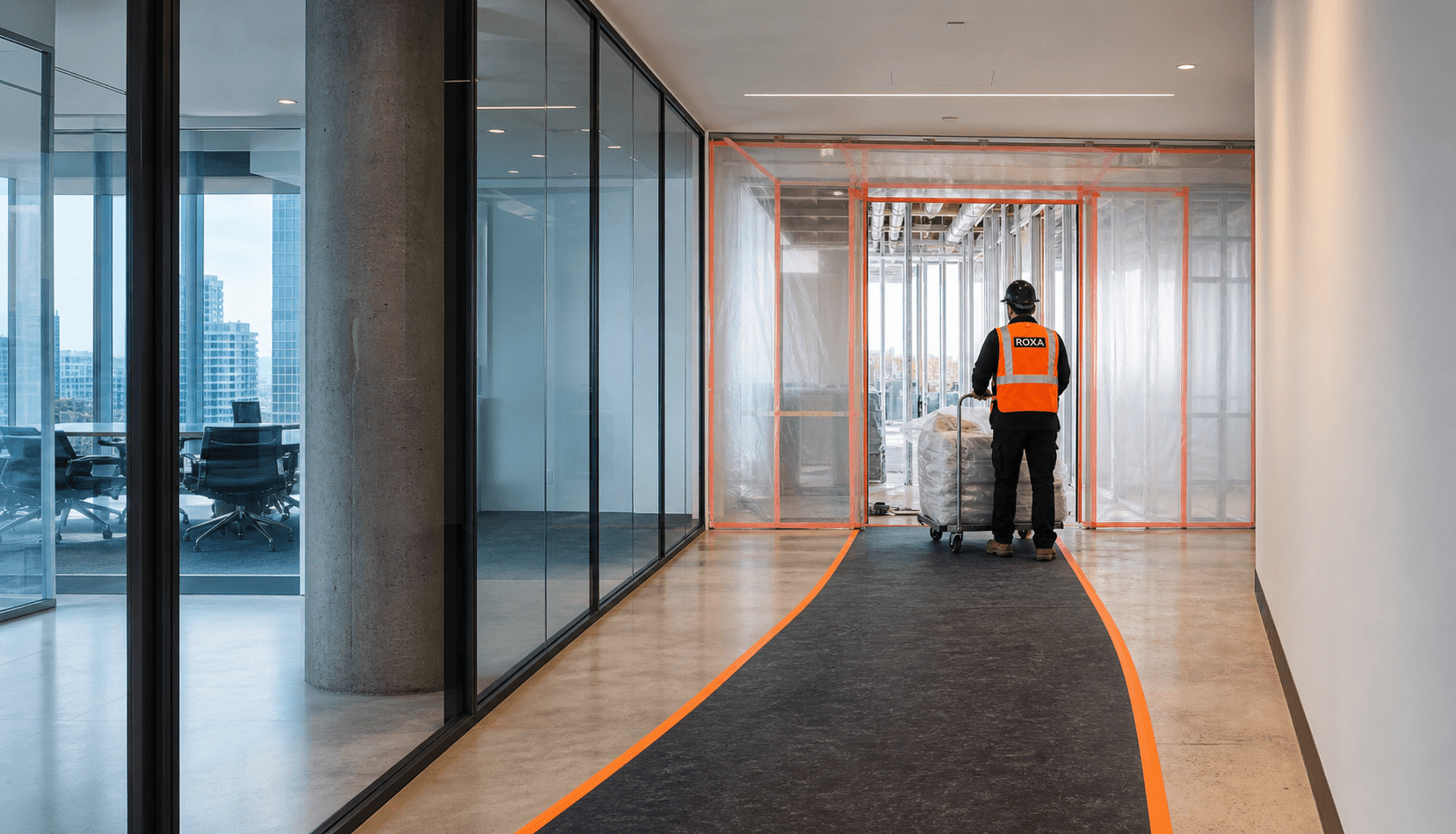 A protected route leading through an active commercial interior to a contained demolition work zone